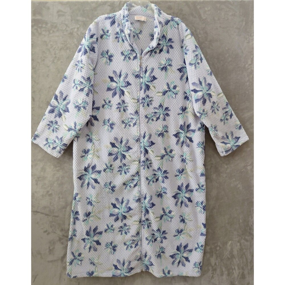 Stan Herman Full Zip Fleece Floral Robe Women's Size 2X Gray/Blue Lounge EUC